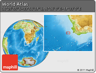 Physical Location Map of the Area around 34° 10' 16" S, 17° 4' 30" E
