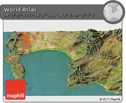 Satellite 3D Map of the Area around 34° 10' 16" S, 18° 46' 29" E
