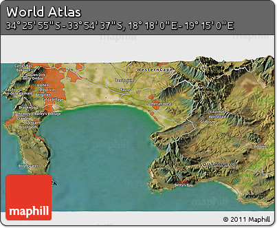 Satellite 3D Map of the Area around 34° 10' 16" S, 18° 46' 29" E