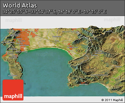 Satellite 3D Map of the Area around 34° 10' 16" S, 18° 46' 29" E