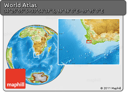 Physical Location Map of the Area around 34° 10' 16" S, 18° 46' 29" E