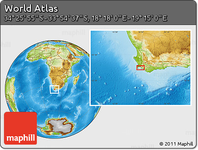 Physical Location Map of the Area around 34° 10' 16" S, 18° 46' 29" E