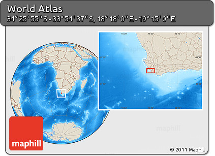 Shaded Relief Location Map of the Area around 34° 10' 16" S, 18° 46' 29" E