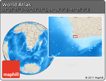 Shaded Relief Location Map of the Area around 34° 10' 16" S, 18° 46' 29" E