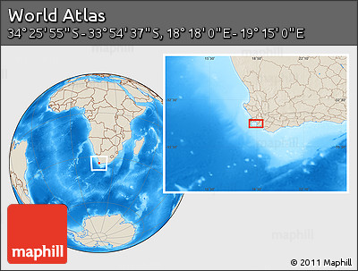 Shaded Relief Location Map of the Area around 34° 10' 16" S, 18° 46' 29" E