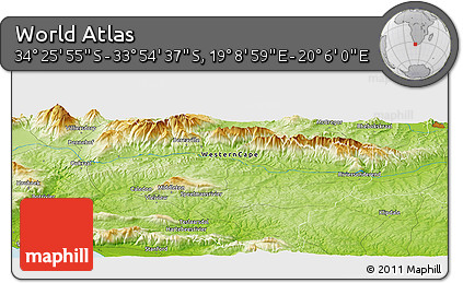 Physical Panoramic Map of the Area around 34° 10' 16" S, 19° 37' 30" E