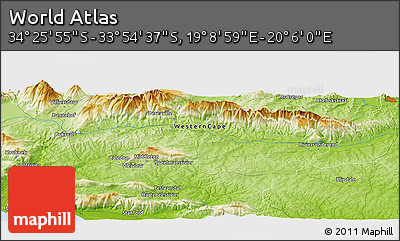 Physical Panoramic Map of the Area around 34° 10' 16" S, 19° 37' 30" E