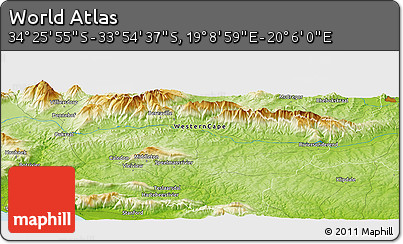 Physical Panoramic Map of the Area around 34° 10' 16" S, 19° 37' 30" E