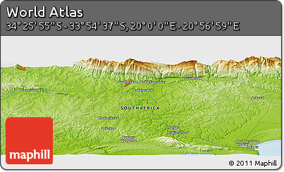 Physical Panoramic Map of the Area around 34° 10' 16" S, 20° 28' 30" E