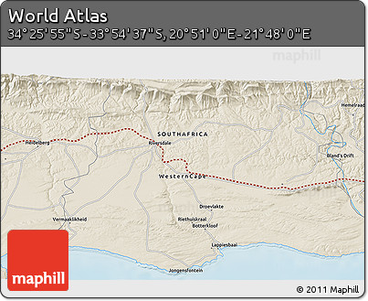 Shaded Relief 3D Map of the Area around 34° 10' 16" S, 21° 19' 30" E