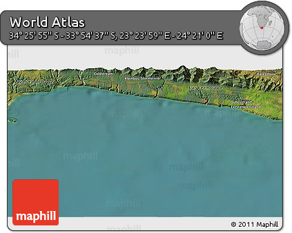 Satellite 3D Map of the Area around 34° 10' 16" S, 23° 52' 30" E