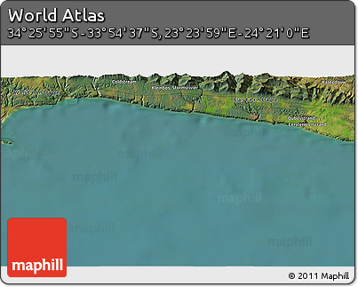 Satellite 3D Map of the Area around 34° 10' 16" S, 23° 52' 30" E
