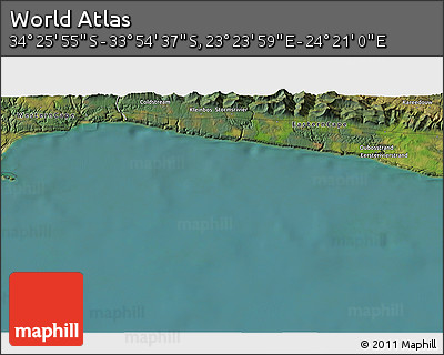 Satellite 3D Map of the Area around 34° 10' 16" S, 23° 52' 30" E