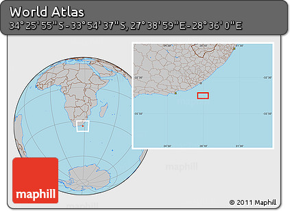 Gray Location Map of the Area around 34° 10' 16" S, 28° 7' 30" E