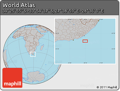 Gray Location Map of the Area around 34° 10' 16" S, 28° 7' 30" E