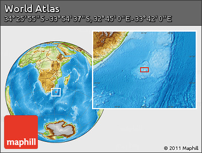 Physical Location Map of the Area around 34° 10' 16" S, 33° 13' 30" E