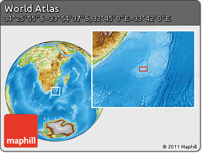 Physical Location Map of the Area around 34° 10' 16" S, 33° 13' 30" E