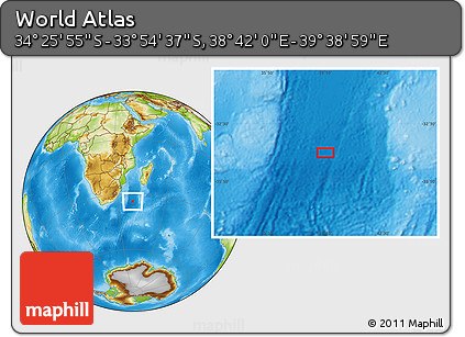 Physical Location Map of the Area around 34° 10' 16" S, 39° 10' 29" E