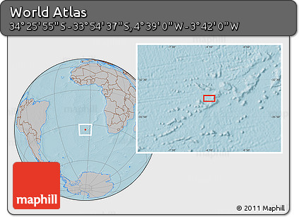 Gray Location Map of the Area around 34° 10' 16" S, 4° 10' 30" W, hill shading