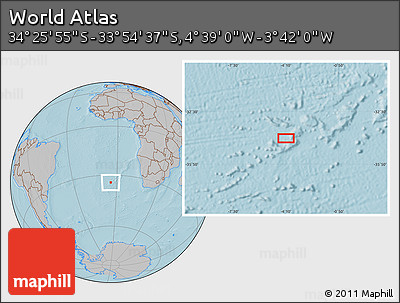 Gray Location Map of the Area around 34° 10' 16" S, 4° 10' 30" W, hill shading