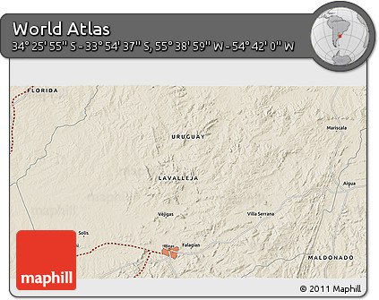 Shaded Relief 3D Map of the Area around 34° 10' 16" S, 55° 10' 29" W