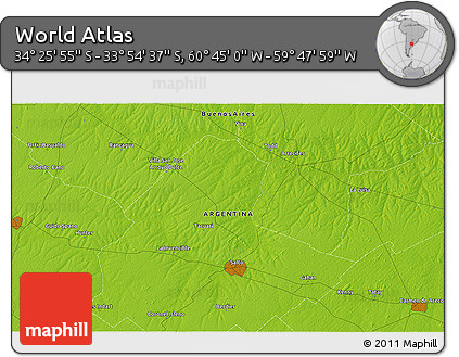 Physical 3D Map of the Area around 34° 10' 16" S, 60° 16' 29" W