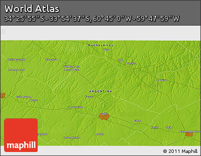 Physical 3D Map of the Area around 34° 10' 16" S, 60° 16' 29" W