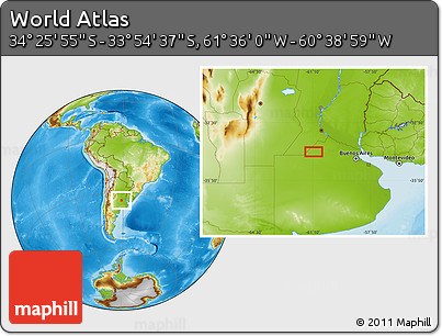 Physical Location Map of the Area around 34° 10' 16" S, 61° 7' 30" W