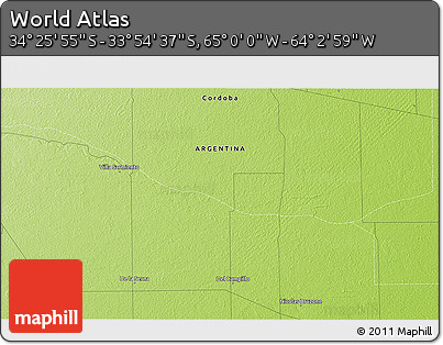 Physical 3D Map of the Area around 34° 10' 16" S, 64° 31' 30" W