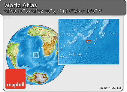 Physical Location Map of the Area around 34° 38' 13" S, 0° 46' 30" W