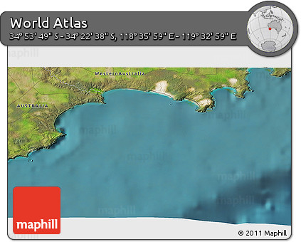 Satellite 3D Map of the Area around 34° 38' 13" S, 119° 4' 29" E