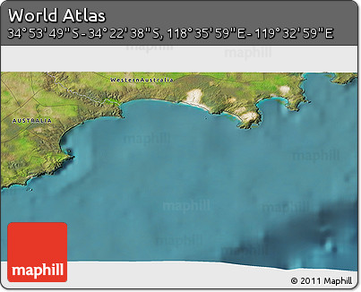 Satellite 3D Map of the Area around 34° 38' 13" S, 119° 4' 29" E