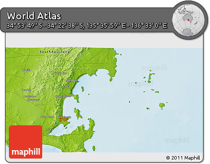 Physical 3D Map of the Area around 34° 38' 13" S, 136° 4' 29" E