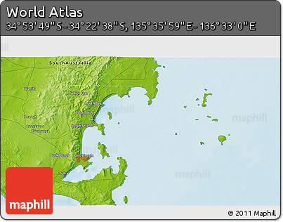 Physical 3D Map of the Area around 34° 38' 13" S, 136° 4' 29" E