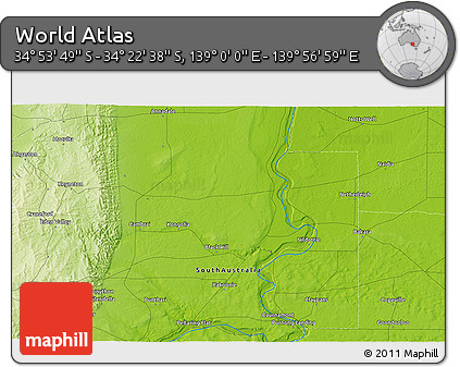 Physical 3D Map of the Area around 34° 38' 13" S, 139° 28' 29" E