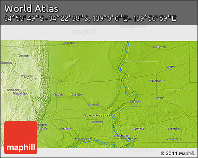 Physical 3D Map of the Area around 34° 38' 13" S, 139° 28' 29" E