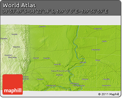 Physical 3D Map of the Area around 34° 38' 13" S, 139° 28' 29" E