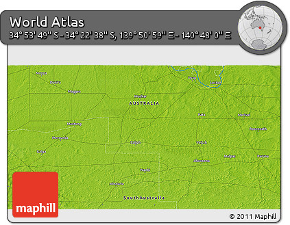 Physical 3D Map of the Area around 34° 38' 13" S, 140° 19' 29" E