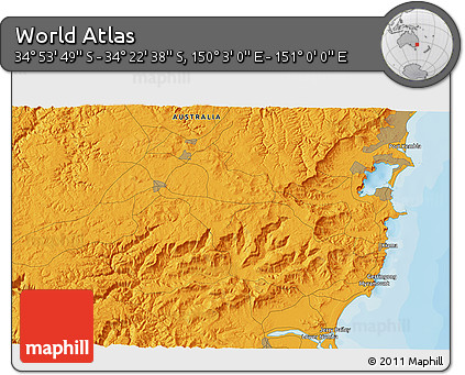 Political 3D Map of the Area around 34° 38' 13" S, 150° 31' 30" E
