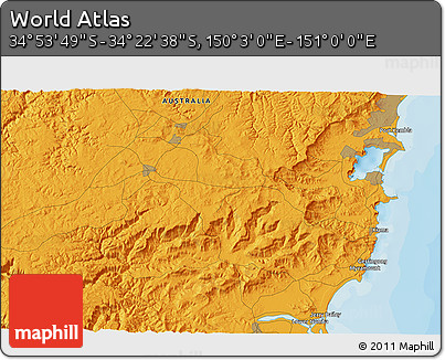 Political 3D Map of the Area around 34° 38' 13" S, 150° 31' 30" E