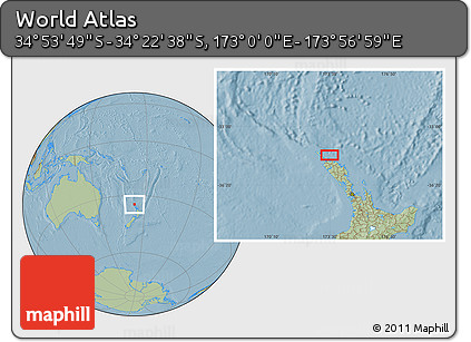 Savanna Style Location Map of the Area around 34° 38' 13" S, 173° 28' 29" E, hill shading