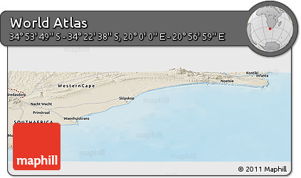 Shaded Relief Panoramic Map of the Area around 34° 38' 13" S, 20° 28' 30" E