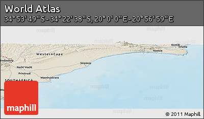 Shaded Relief Panoramic Map of the Area around 34° 38' 13" S, 20° 28' 30" E