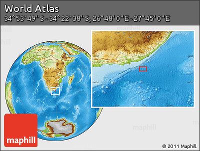 Physical Location Map of the Area around 34° 38' 13" S, 27° 16' 29" E