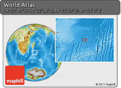 Physical Location Map of the Area around 34° 38' 13" S, 49° 22' 30" E