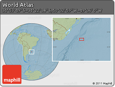 Savanna Style Location Map of the Area around 34° 38' 13" S, 50° 4' 30" W, hill shading