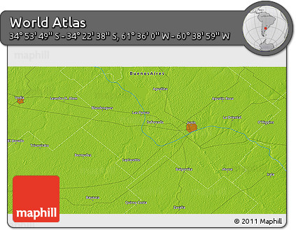Physical 3D Map of the Area around 34° 38' 13" S, 61° 7' 30" W
