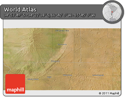 Satellite 3D Map of the Area around 34° 38' 13" S, 66° 13' 29" W