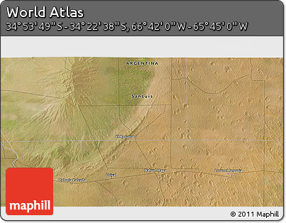 Satellite 3D Map of the Area around 34° 38' 13" S, 66° 13' 29" W