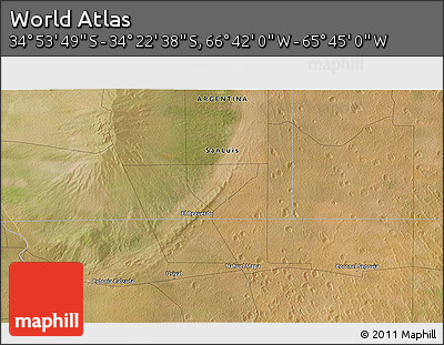 Satellite 3D Map of the Area around 34° 38' 13" S, 66° 13' 29" W